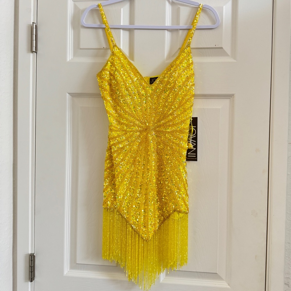 Jovani Glittering Yellow Sequin Fringe Mini Dress